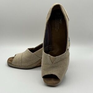 Toms Shoes Women's Sz 9 Beige Twill Classic Wedge Cork Heel Peep Heel‎ Slip On